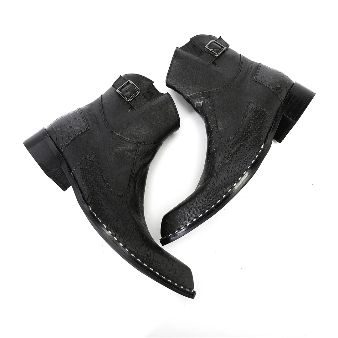 Gothic Punk Black Snake Print Leather Chelsea Boots Men Square Toe Buckle Strap Low Heel Western Style Footwear High-top Shoes
