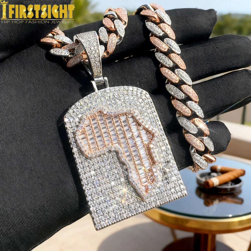 2025 New Iced Out Bling Africa Map Pendant Necklace Cubic Zirconia Two Tone Color Badge Charm Men Fashion Hip Hop Jewelry