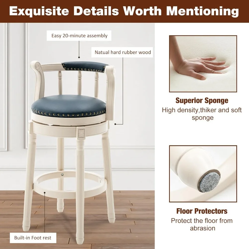 Bancos de bar giratórios modernos com estofamento de couro genuíno e apoio para os pés para balcão de cozinha e ilha