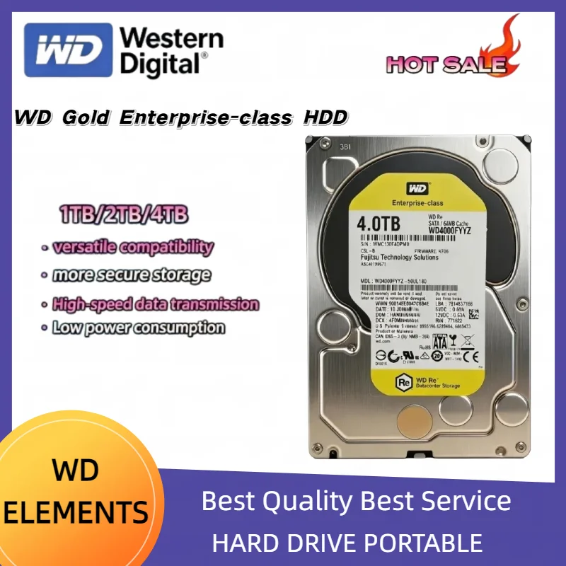 Western Digital Gold 3.5" SATA 1-4TB Enterprise Hard Drive, 7200RPM 256MB Cache, for Jukebox, Monitoring, NAS Desktop, Efficient