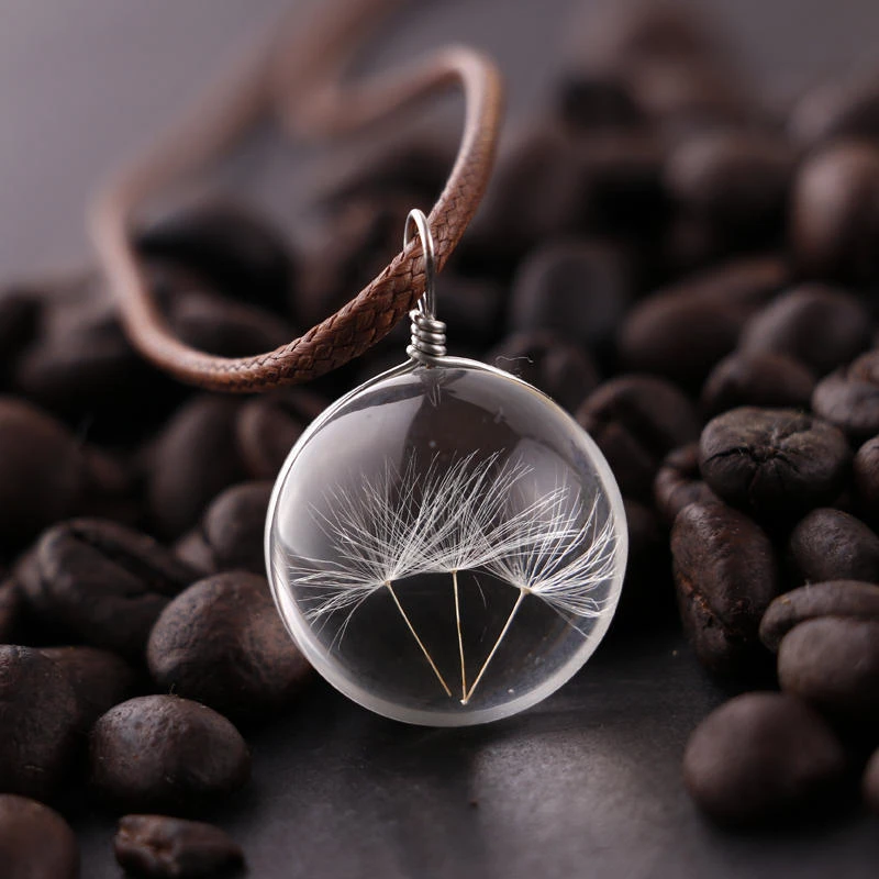 Round Dandelion Dried Flower Pendant Necklace Charm Natural Dandelion Glass Cabochon Transparent Lucky Wish Glass Ball Jewelry