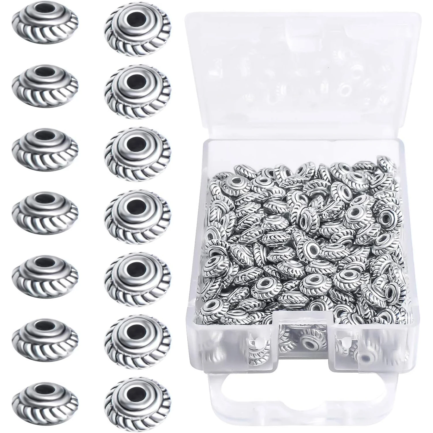 

200 шт. круглых разделительных бусин-шармов под старинное серебро, разделители для бусин с коробкой для самостоятельного изготовления браслетов и ювелирных изделий