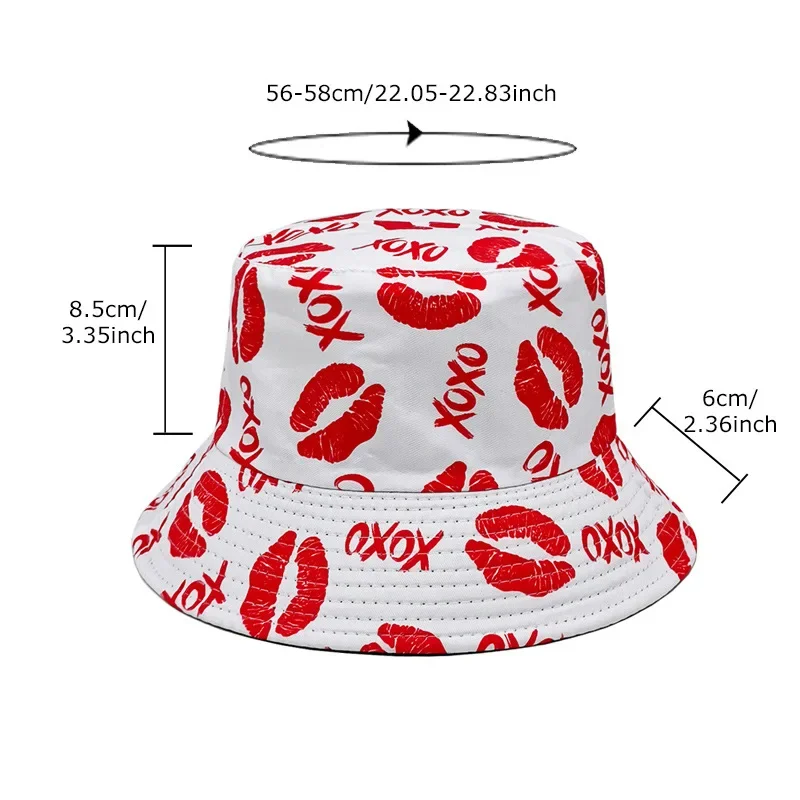 Red Lips Printing Bucket Hat Love Heart Graffiti Pattern Fisherman Hats Double Sides Panama Cap Summer Sunscreen Outdoor