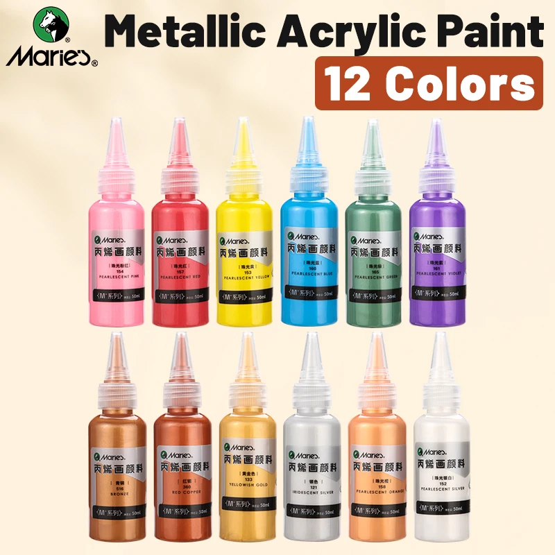

Marie's 12 Colors Metallic Acrylic Paint Set,50ml/1.69oz per Rich Shiny Pigments with Portable Bottle for DIY,Wood,Glass