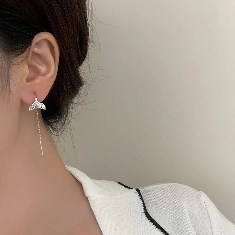 PONYKISS 925 Silver Needle Zircon Fish Tail Drop Earrings for Women Cute Animal Fashion Jewelry Minimalist Accessories in Summer