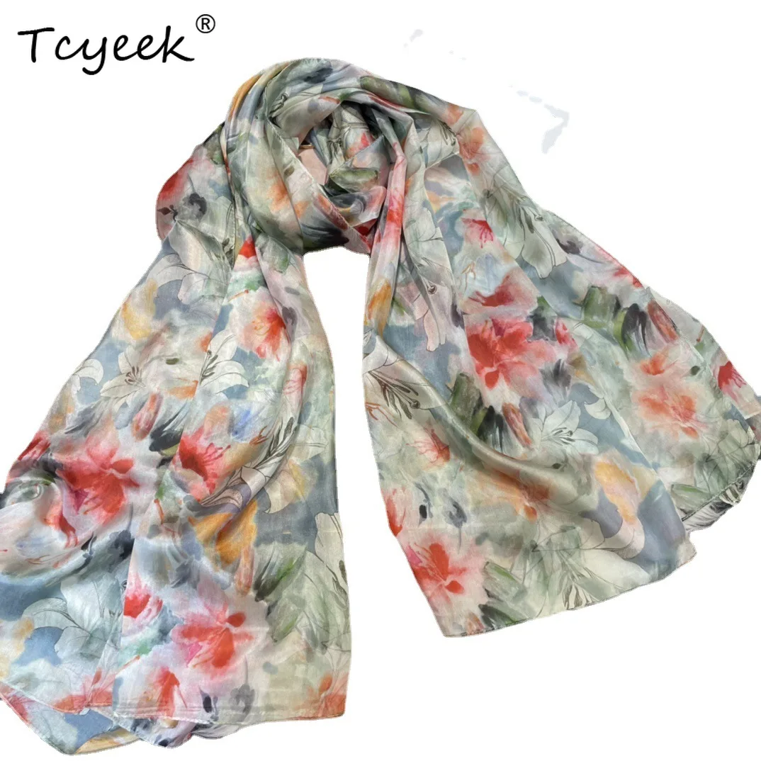 

Tcyeek Light Green Silk Scarf Ladies Fashion Spring Summer Floral Beach Scarves Shawls Fall Winter Long Scarves Wraps P36715QM