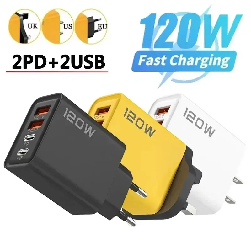 120W USB-C Charger 4 Ports PD Quick Charge 3.0 Type-C USB Phone Chargers Fast Charging Adapter For IPhone17 16 15 Xiaomi Samsung