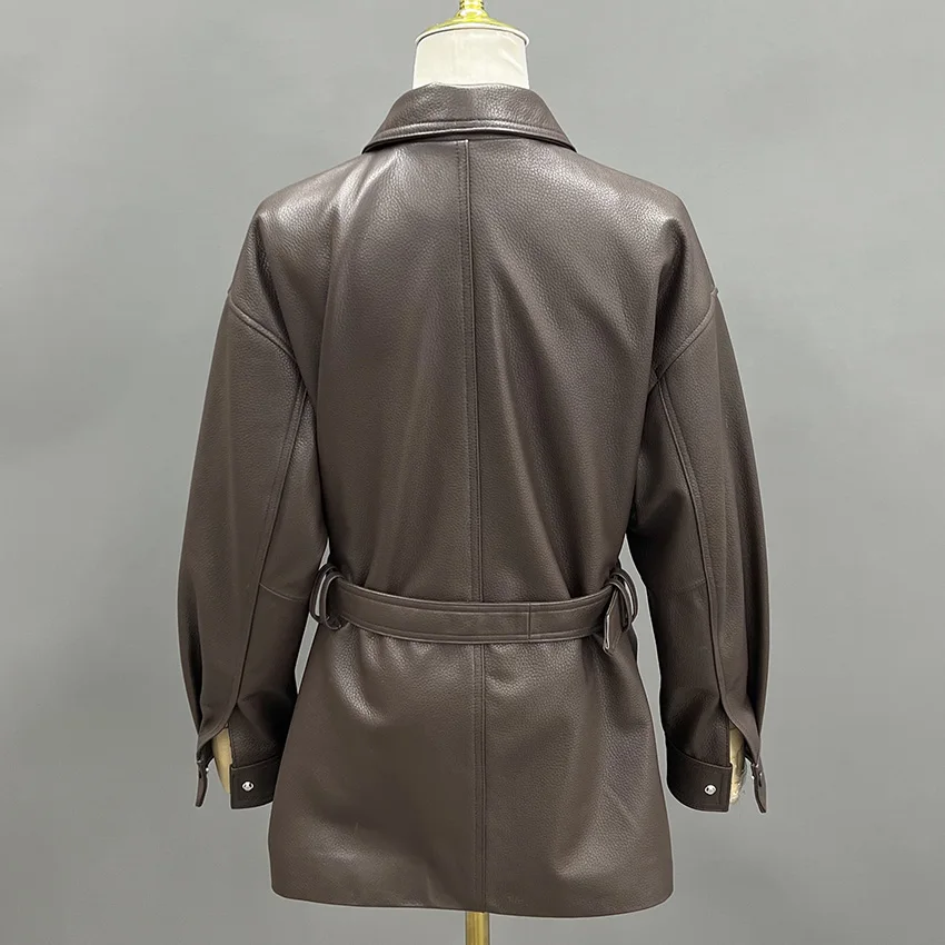 JANEFUR Cappotto da donna in vera pelle da ufficio da donna a vita alta retrò casual giacca in vera pelle di pecora autunno inverno JFB6-25009