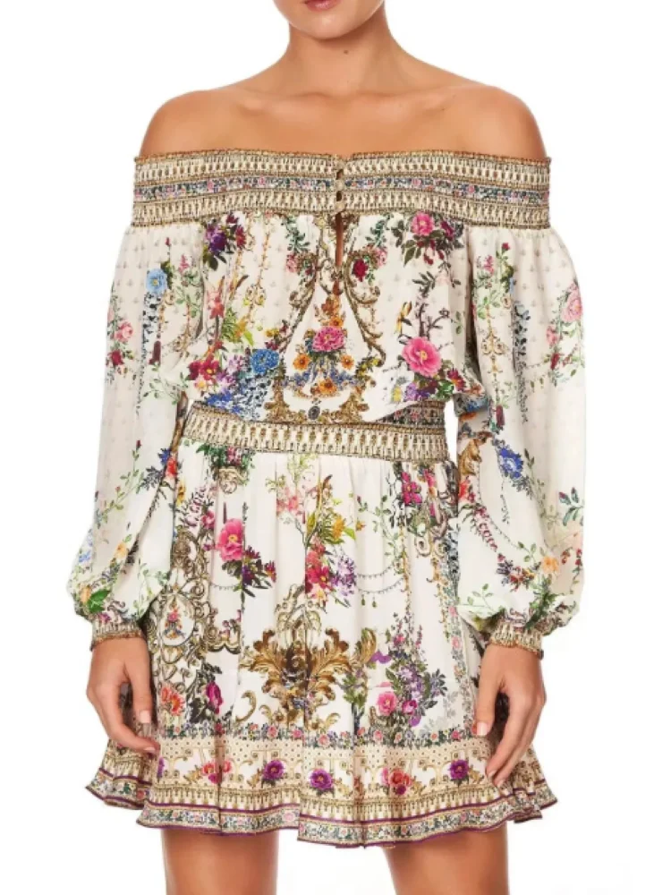 

Women Flower Printed Dress Elastic Waist Beaded Slash Neck Long Sleeve Elegant 100% Silk Mini Robe