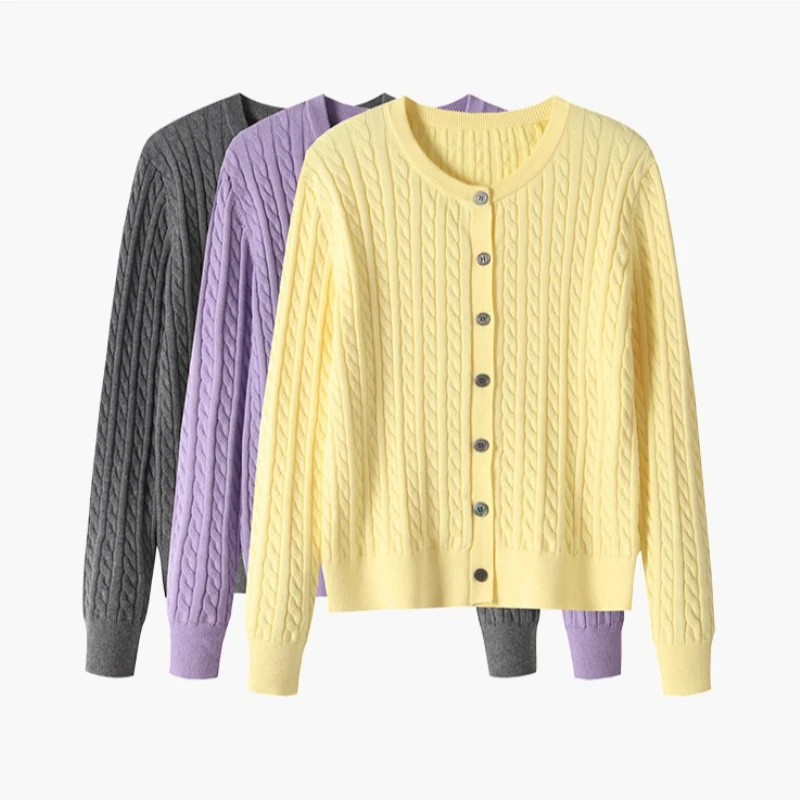 AOSSVIAO 2026 Autumn Winter O-Neck Long Sleeve Knit Cardigan Women Loose Figure Flattering Cable Knit Sweater