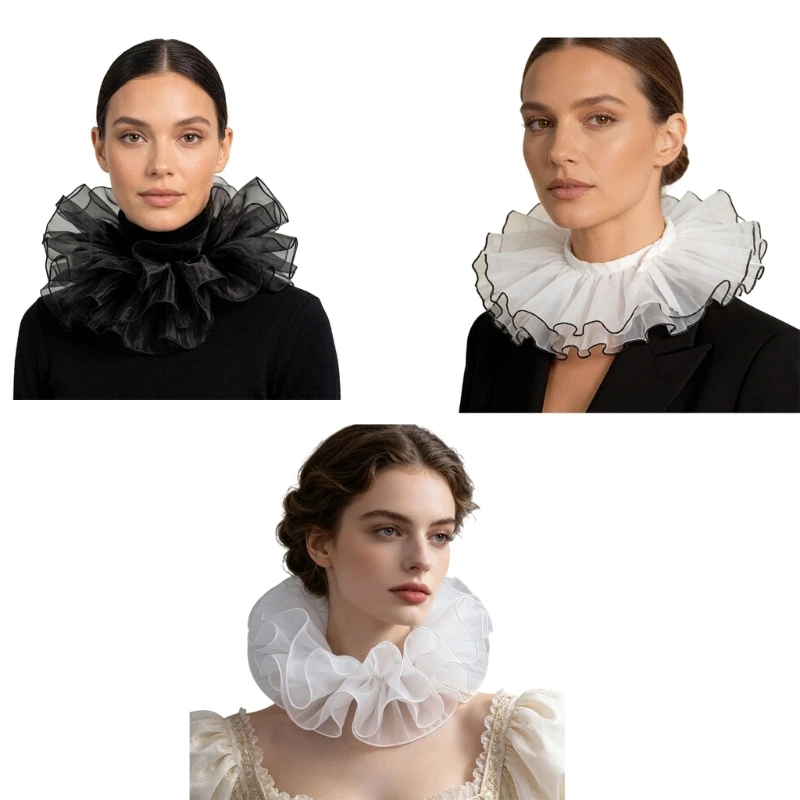 R7UF Multilayered Ruffle Collar Detachable Faux Collar Decorative Neckpiece For Women Cosplay Party and Carnivals Event