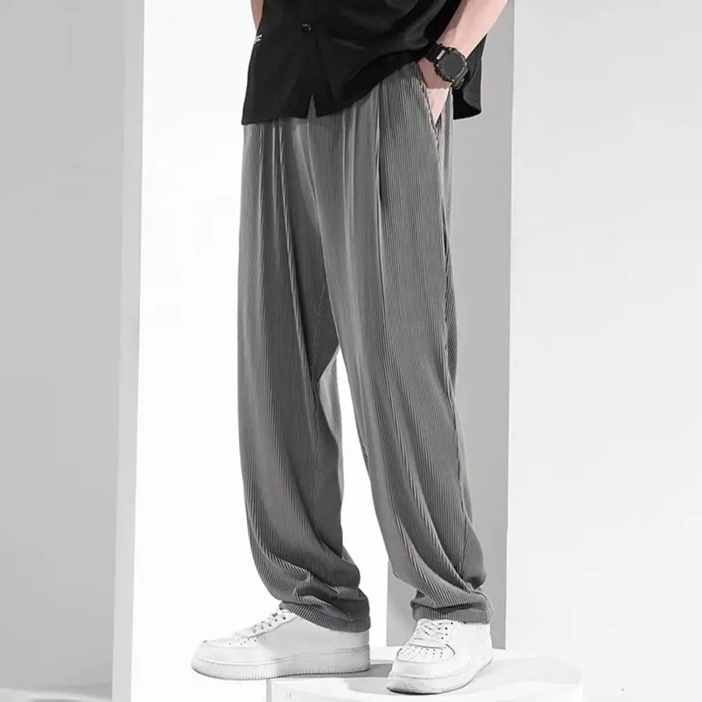 

Men Casual Trousers Japanese Style Men's Wide Leg Ninth Pants with Elastic Waist Side Pockets Solid Color Gym Traning Jogging