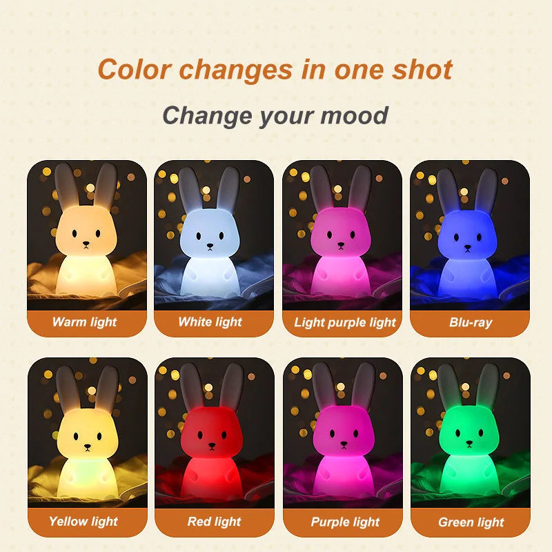 LED Touch-Sensitive Rabbit Night Light, Silicone Rabbit Light, Decoração do quarto, Lâmpada animal bonito, Decoração do quarto, Presente das crianças