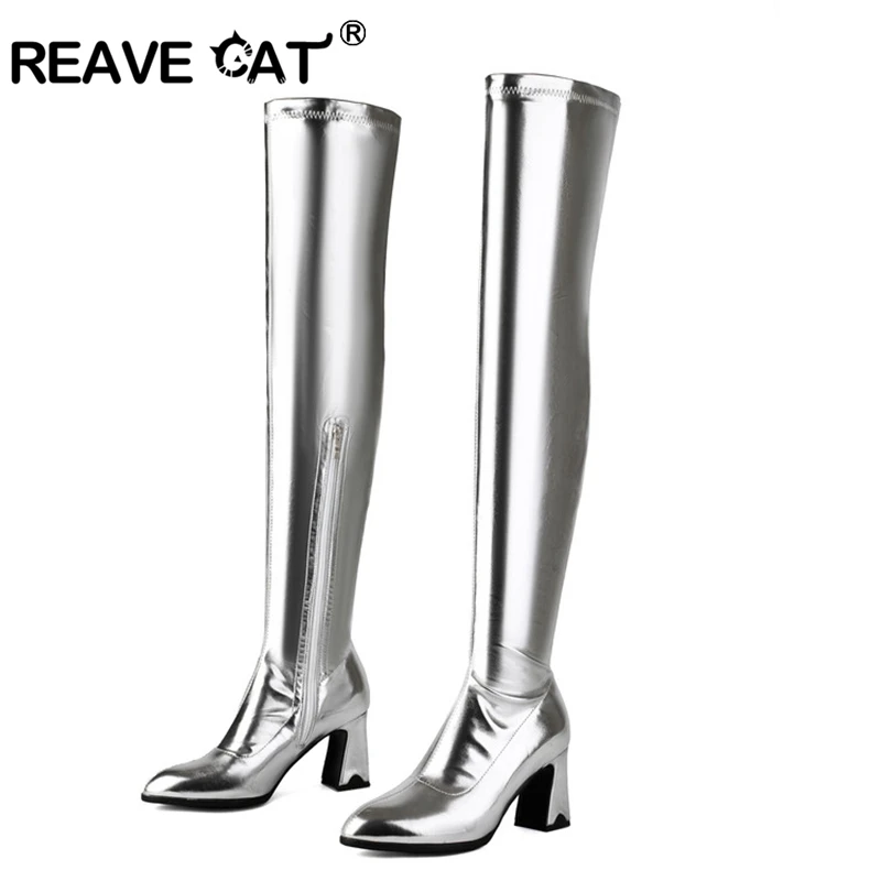 REAVE CAT Autumn Over Knee Boots 8cm Chunky Heel Round Toe Leather Thigh High Fashion Big Size 48 US17 Silver Gold