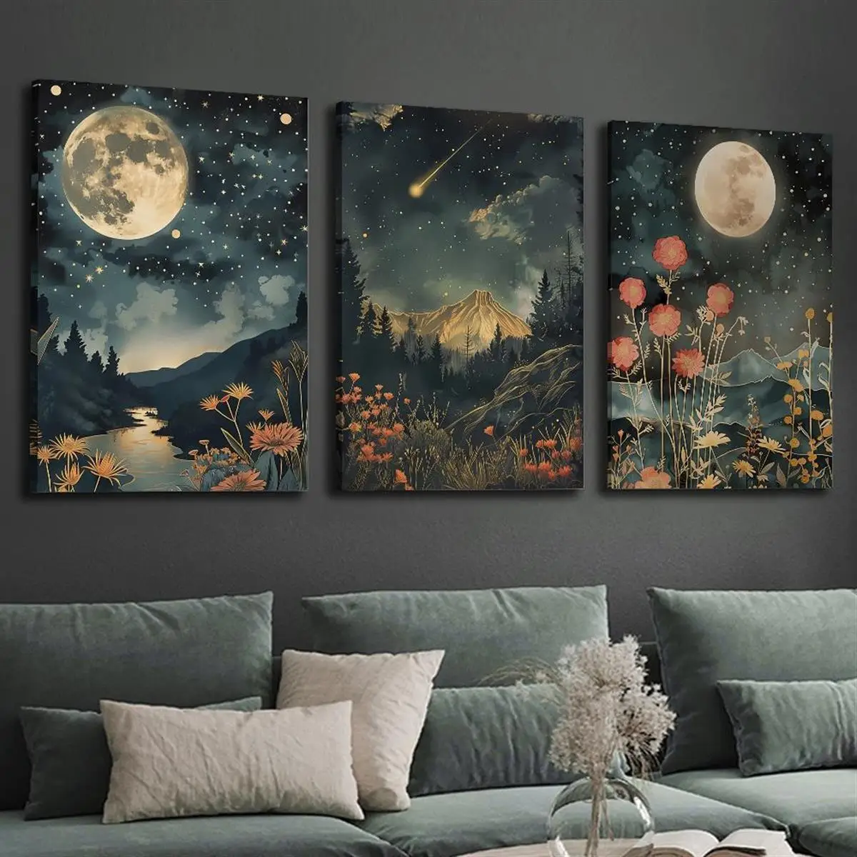 2D Flat 3pcs  3pcs  Canvas Print Decorative Painting, Floral Plants, Mystical Style, Moon, Wildflowers, Mountains, Streams, R