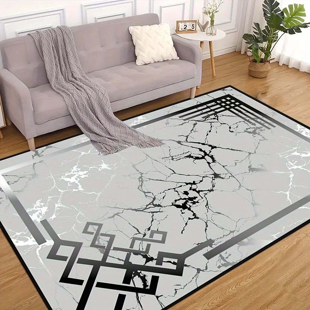 Modern Marble‑Veined Geometric Border Printed Area Rug, Grey‑Black‑White Decor Floor Mat for Living Room, Bedroom and Indoor