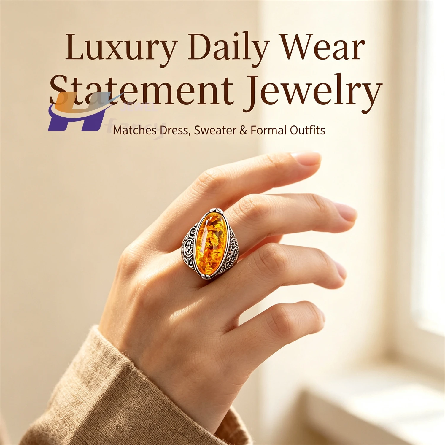 Baltic Amber Oval Solitaire Ring, Natural Honey Amber Stone Silver Setting Jewelry, Unique Gift for Her Birthday Anniversary - view 3