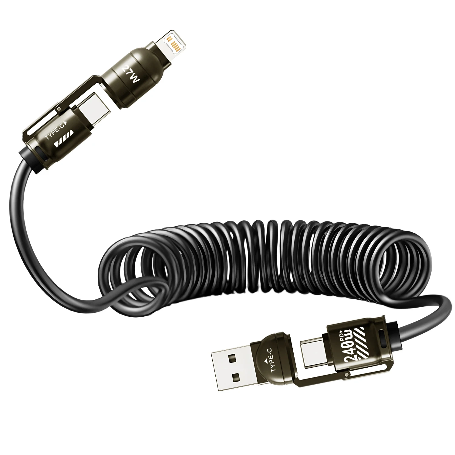 4 in 1 PD 240W Fast Charging Spring Cable USB Type C To Type C And USB Data Cable Wire For iPhone 15 16 Samsung Xiaomi