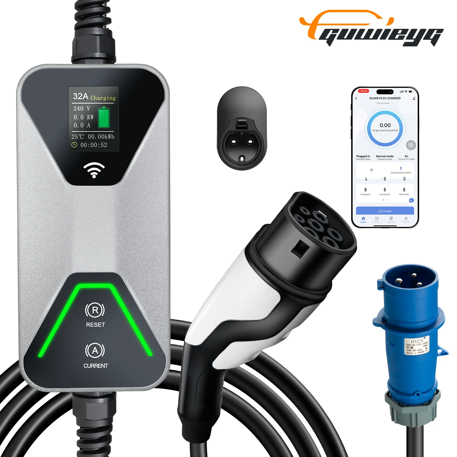 

GUWIEYG 32A 7,2 кВт Type2 Портативное зарядное устройство для электромобилей IEC62196 Зарядное устройство для электромобилей EVSE Кабель для быстрой зарядки Управление через приложение WiFi