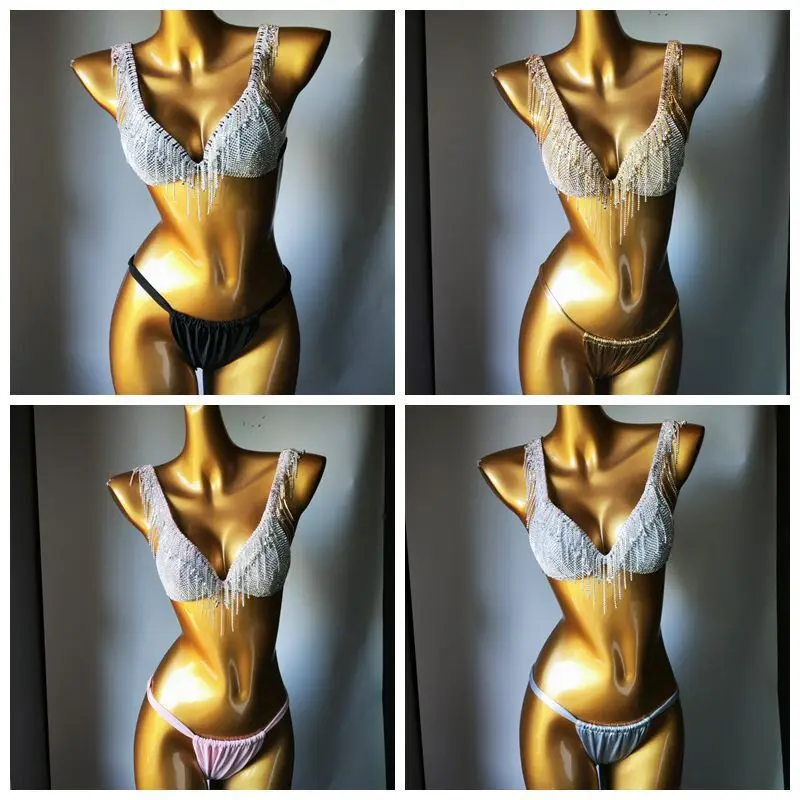 

2024 New Nightclub Clothing Steel Tray Hard Cup Swimsuit Tassel Sewing Diamond Bikini