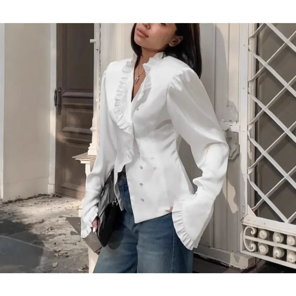 TWOTWINSTYLE Solid Spliced Button Blouses for Women Lapel Long Sleeve Tunic Chic Casual Shirt Female Fashion New