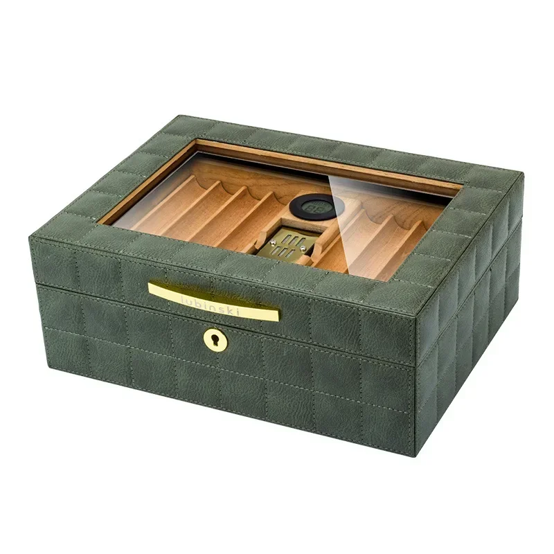 Glass Top Black Leather Outside Cigar Humidor Box Cedar Wood Cigar Case Cabinet Box for COHIBA Cigars Luxury Humidors CH-023