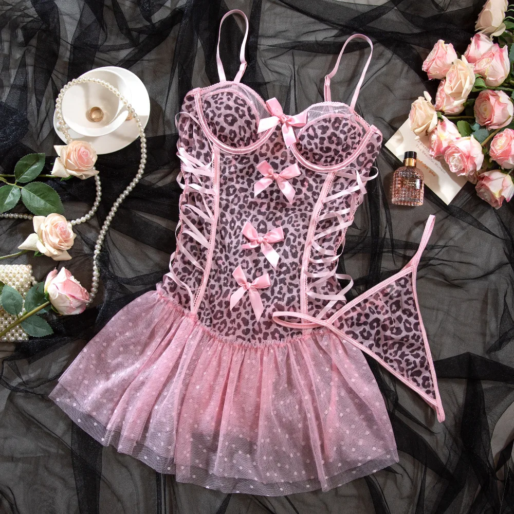 2025 Pink Leopard Print Mesh Puffy Dress Two-Piece Set with Gathered Waist Cinching Sexy Steel Ring Detail Hotsweet for Clubwear