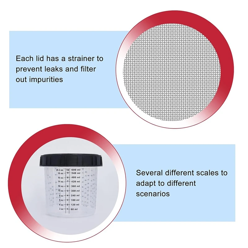 Paint Spray Cup, 50 Cup Liners (20 Oz), 50 Lids With Filters, 10 Plugs, 1 Hard Cup, 1 Retaining Ring, 1 Stirring Stick