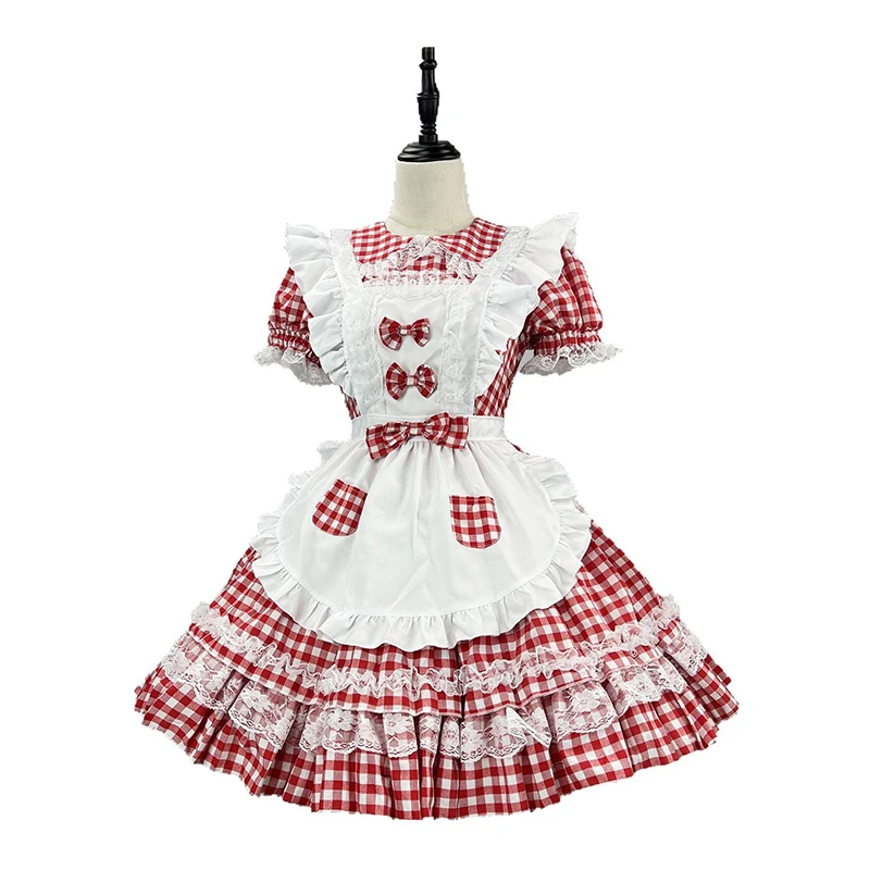 S-5XL vestido a cuadros rojo y blanco, disfraz de sirvienta para niña, traje de sirvienta, disfraz de Cosplay de Anime, vestido de Lolita para mujer de talla grande
