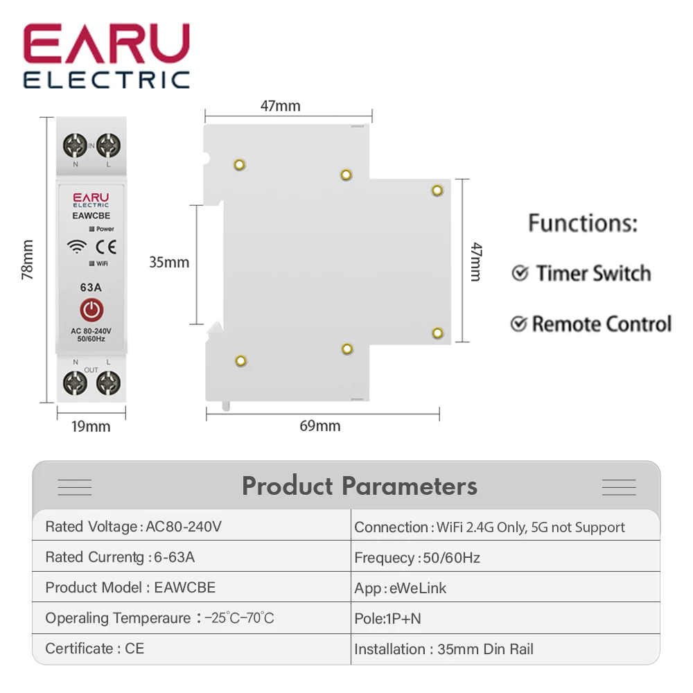 eWeLink WiFi Smart Circuit Breaker MCB 1P 63A Timer Power Energy kWh Voltage Current Meter Protector Voice Remote Control Switch