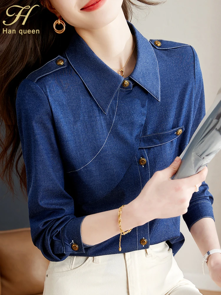 H Han Queen 2024 New Autumn Women\'s Blouse Vintage Work Casual Tops Elegant Chic Loose Denim Shirts Simple Basic Vintage Blouses