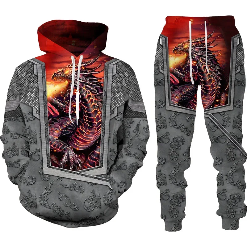 New Autumn and Winter Dragon Hoodie Suit 3D Print Men\'s Sportswear 2PK Set Men Oversize Pullover Monster Fashion Men\'s clothing