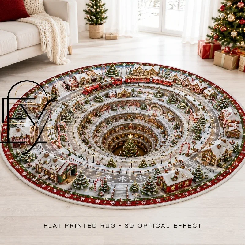 Round Area Rug 3D Optical Effect Winter Snow Village Carpet Flannel Fluffy Soft Steam Train Track Sofa Floor Cushion