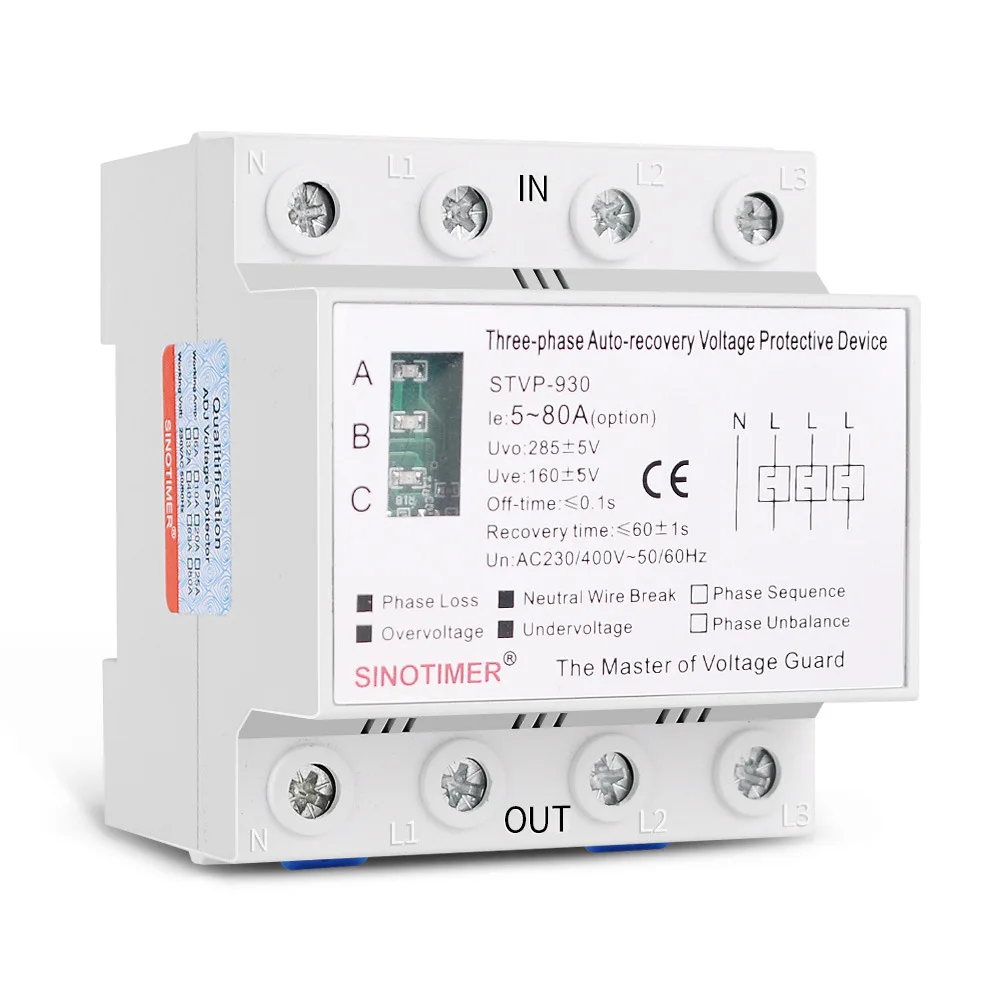 STVP-930 63A 80A Three Phase Four-wire Auto-recovery Protective Device Self Reconnect Surge Voltage Protector DIN Rail Mounted