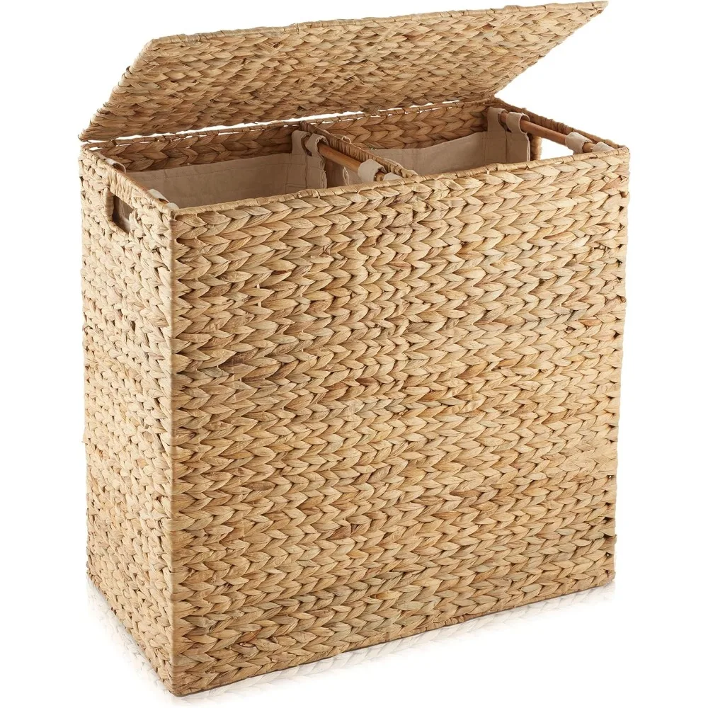 

2-Section Woven Water Hyacinth Laundry Hamper with Removable Liner Bags for Sorting Clothes