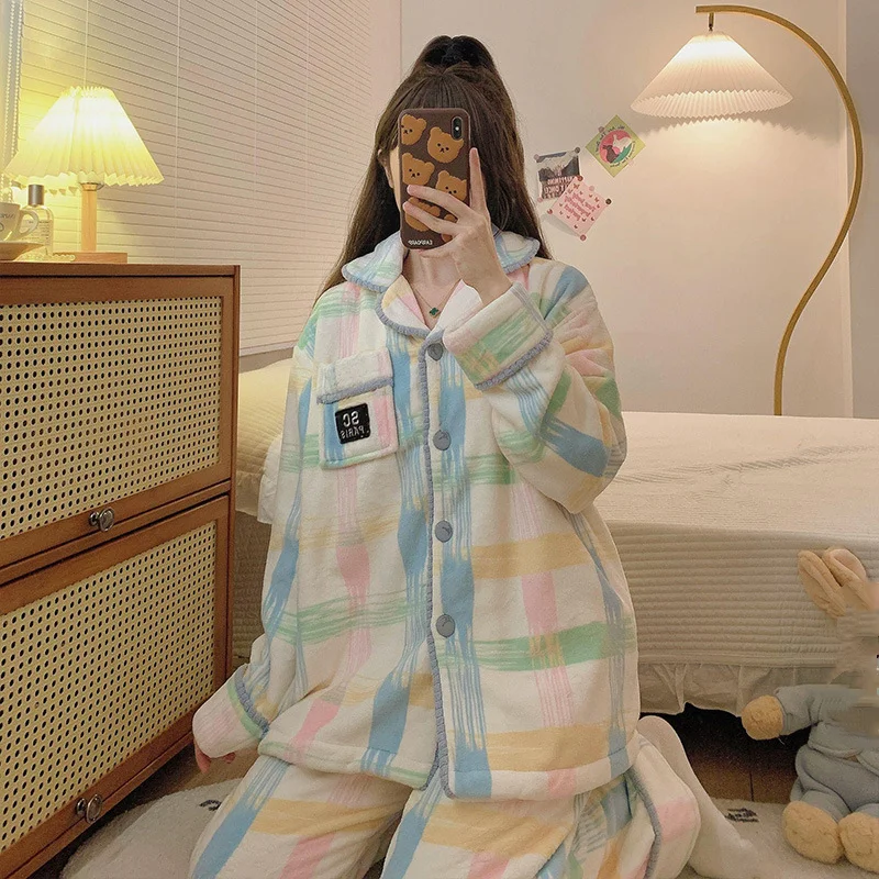 

Женские пижамы на осень-зиму, сохраняющие тепло, милая фланелевая одежда для сна на флисовой подкладке, брюки, костюм, пижамный комплект, домашняя одежда из кораллового флиса