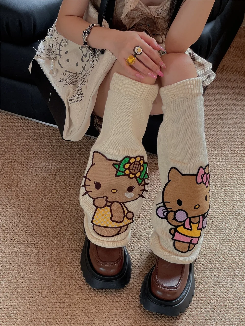 Girly Schattige Cartoon Retro Persoonlijkheid Gebreide Wijde Pijpen Mouwen Been Warmer Y 2K Schattig Kitten Japanse Kawaii Vrouwen Meisjes Knie Mouw