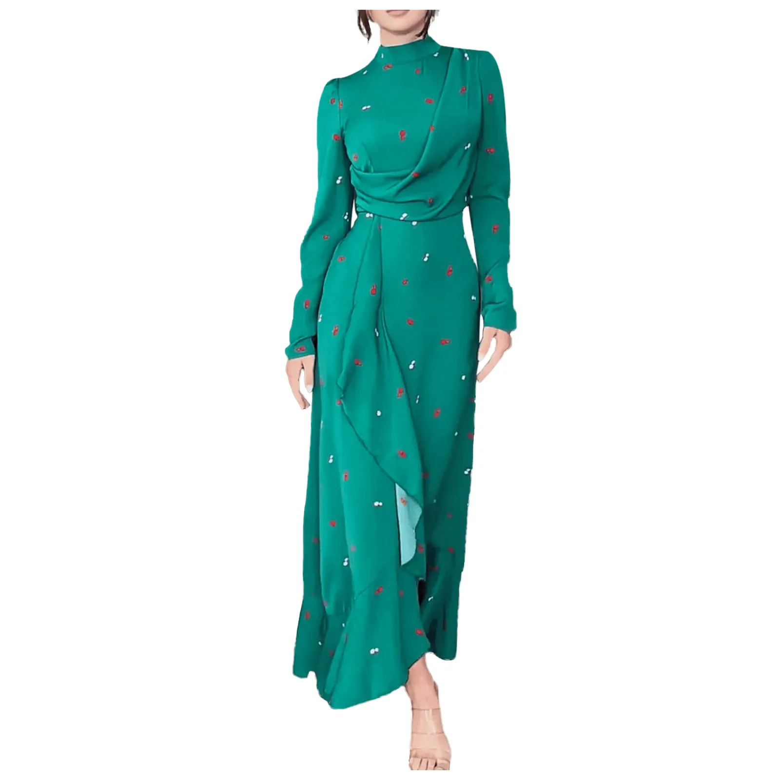 Vrouwen Eid Moslim Jurken Coltrui Print Ramadan Marokko Prachtige Feestjurk Kaftan Arab Vestidos Ruches Slim Fit Abaya