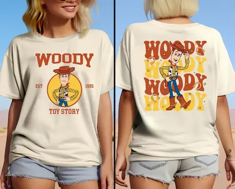 Men's and Women's Universal Toy Story Woody Double Sided Printed Cotton T-shirt 1995 Retro Cartoon Casual Loose Cream Street Top