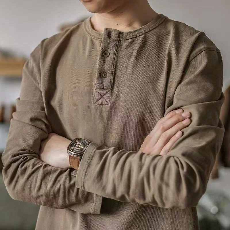 Men's Solid Color Retro Henley Long Sleeve T-Shirt New American Casual Loose Tough Guy Style Basic Bottoming Tops Spring Autumn 2