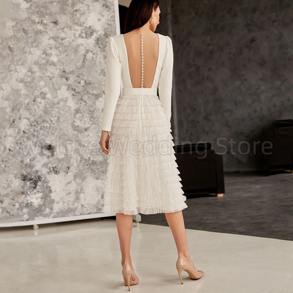 Delicate Ruffles Tiered Short Wedding Dress Scoop Neck and Long Sleeve A-Line with Belt Illusion Back Mid-Calf Length Bride Gown