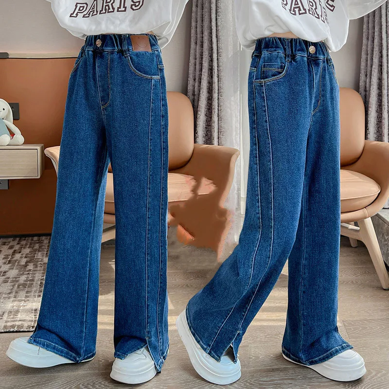 Girls Jeans New Spring/Autumn Fashion Kids Loose Trousers Big Children Casual Split Wide Leg Denim Pants 4 To12 Year