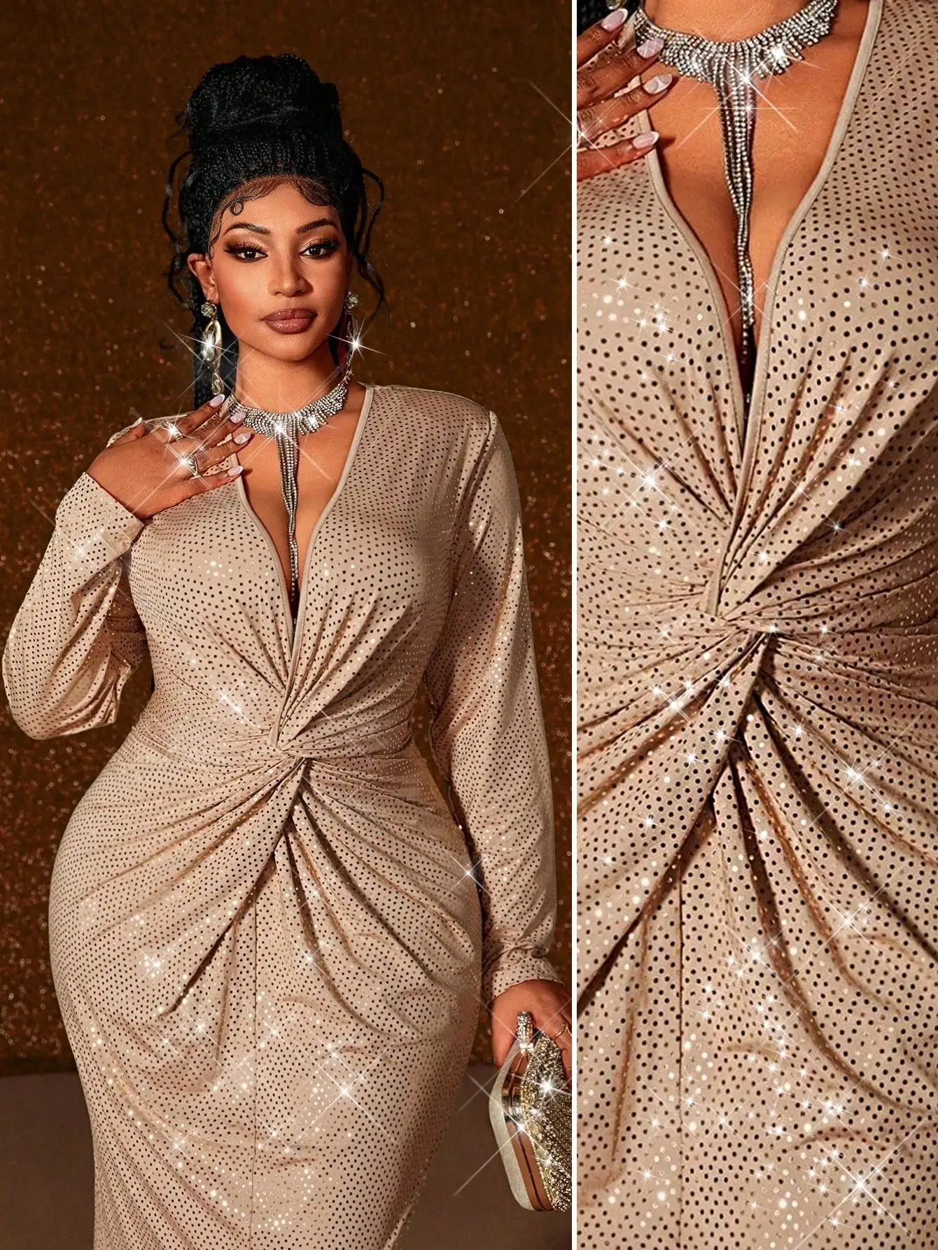 

Plus Size Shimmering Polka Dot Sequin Long Sleeve Wrap V-Neck Dress With Cinched Waist For Evening Events And Holiday