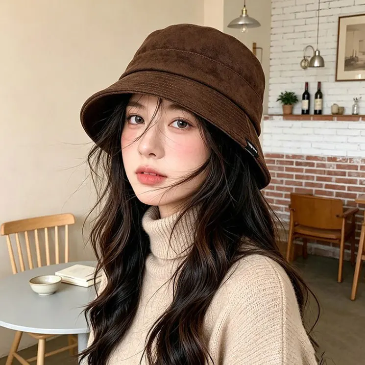 Korean Fashion Suede Bucket Hat for Women with Structured Crown and Wide Brim Foldable for Easy Packing and Sun Protection