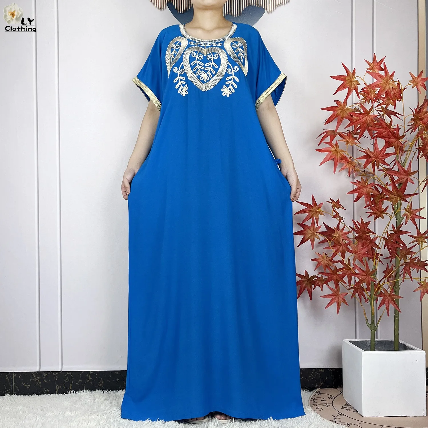 2024 New Summer Short Sleeve African Abaya Cotton Pure Color Embroidery Loose Woman Maxi Islam Tradition Dresses With Headscarf