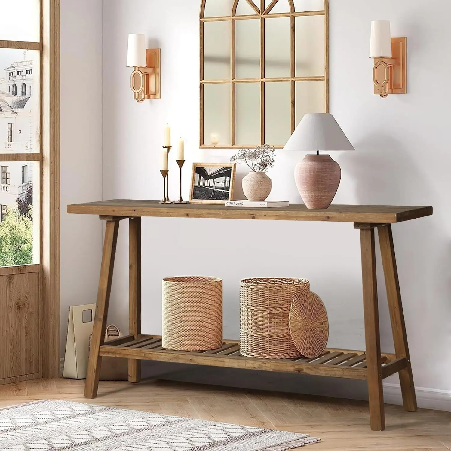 Reclaimed Solid Wood Console Table, 59 Farmhouse Entryway Tables | Long Rectangular Couch Table Behind Sofa, Customized