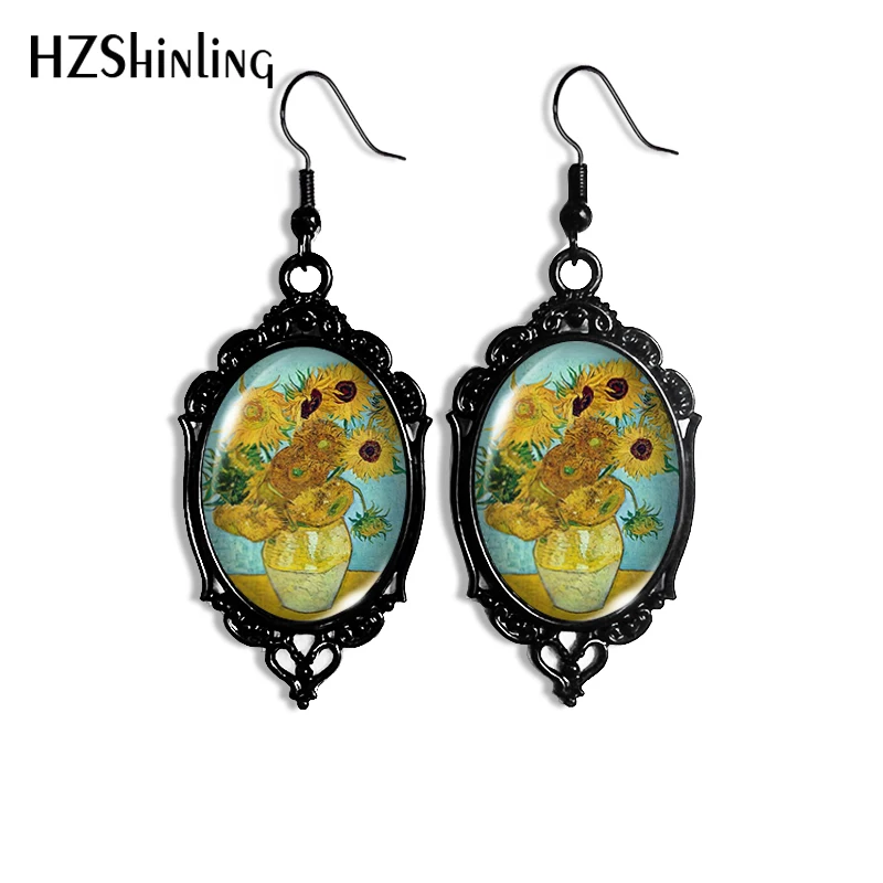 2024 New The Starry Night Oil Painting Dangle Earring Black Lace Earrings Oval Glass Photo Jewelry Gifts Party