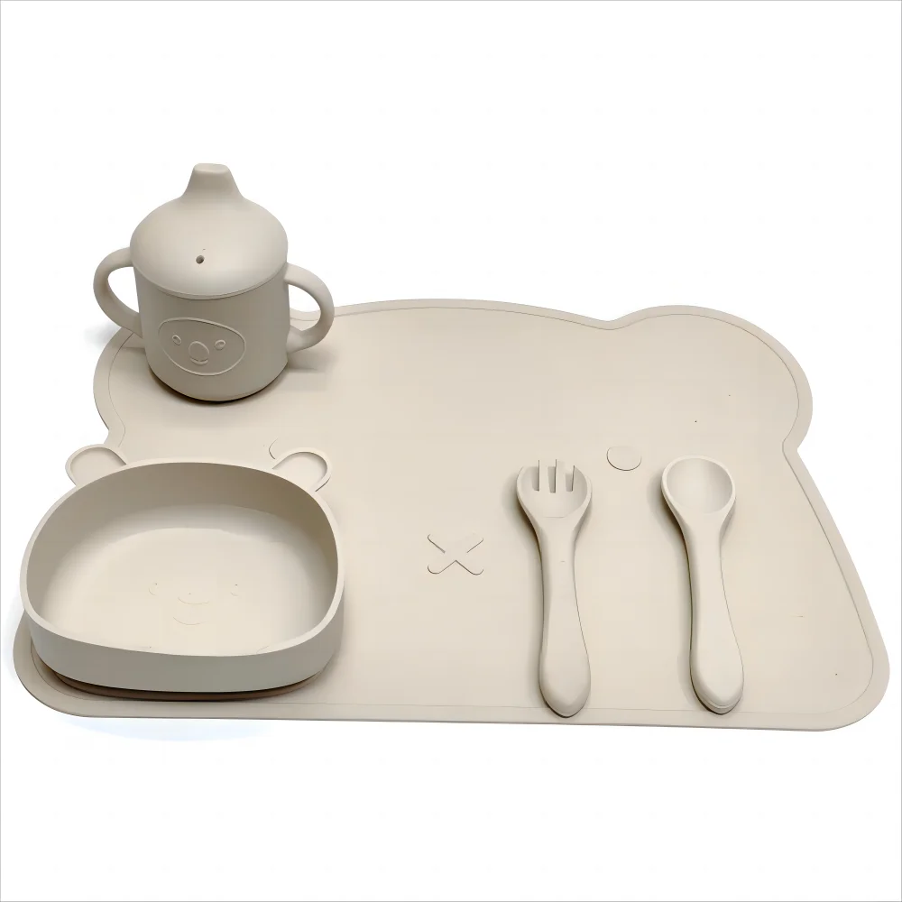 

5pcs Children's tableware set silicone baby complementary bowl fork spoon bib five pieces baby one compartment dinner plate