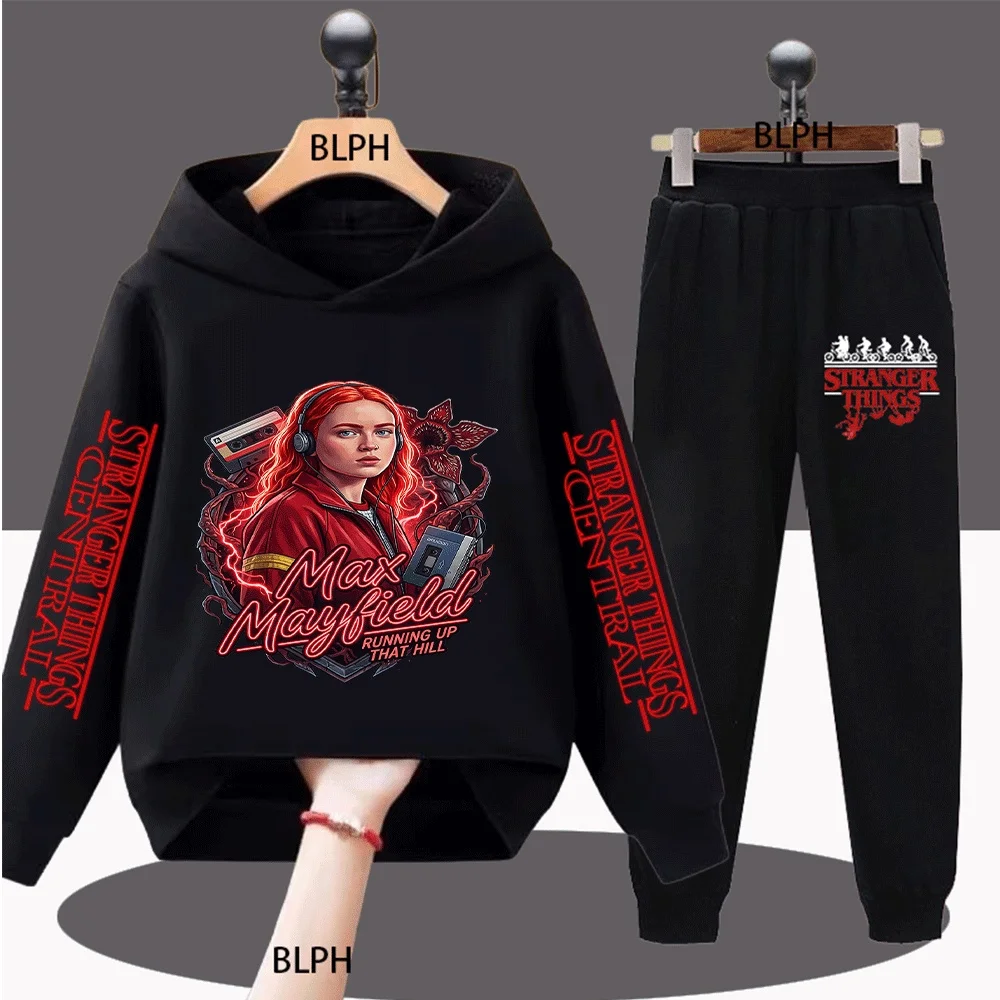 Conjunto de sudadera con capucha gráfica Stranger Things Max Mayfield para niños, sudadera informal fresca con auriculares y diseño de cinta, cómoda
