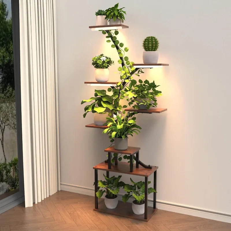 Support pour plantes d'intérieur avec lumières de croissance, étagère pour plantes d'intérieur à 8 niveaux, support pour plantes en métal de 62 pouces de haut pour plantes d'intérieur multiples,